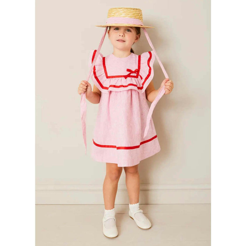 Lawrence Striped Ruffle Bib Sleeveless Dress in Red (12mths-8yrs)