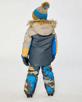 Two Piece Play Snowsuit Colorblock with Grey and Blue Dinosaur Print Pants