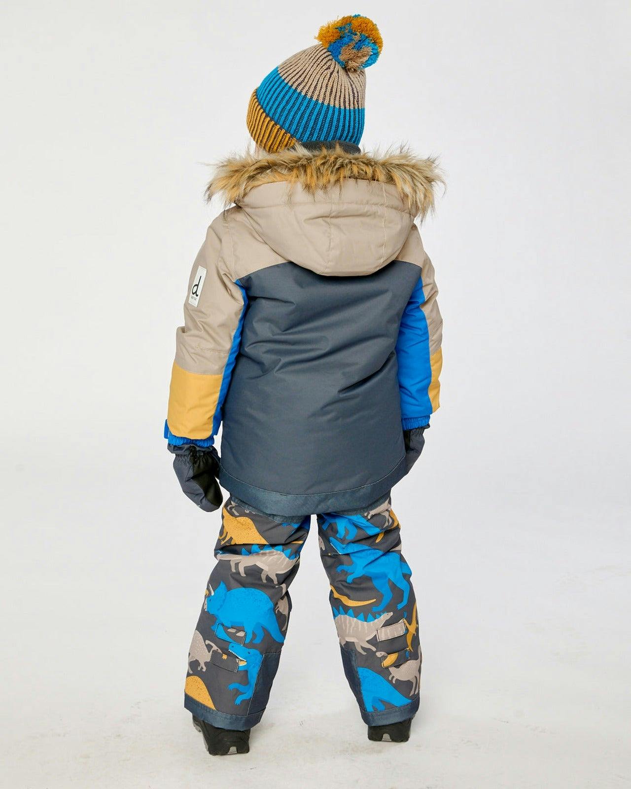 Two Piece Play Snowsuit Colorblock with Grey and Blue Dinosaur Print Pants