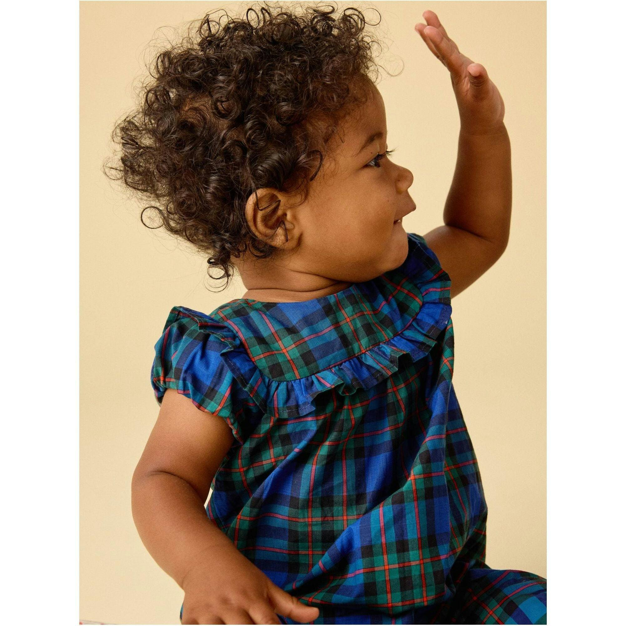 Plaid Ruffle Baby Romper, Blue