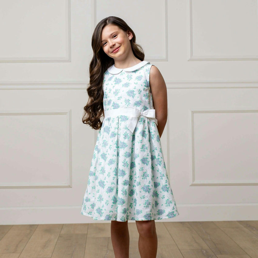 Linen Sleeveless Peter Pan Collar Tea Dress with Waist Sash, Blue