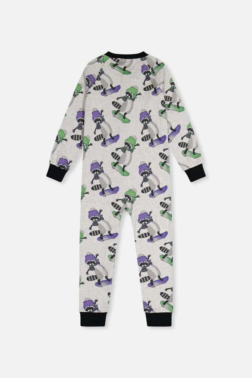 Baby Organic Cotton One Piece Pajama Beige Raccoon Print