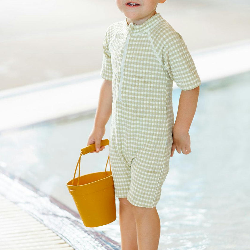 Green Gingham Zipper Shortall Swimsuit