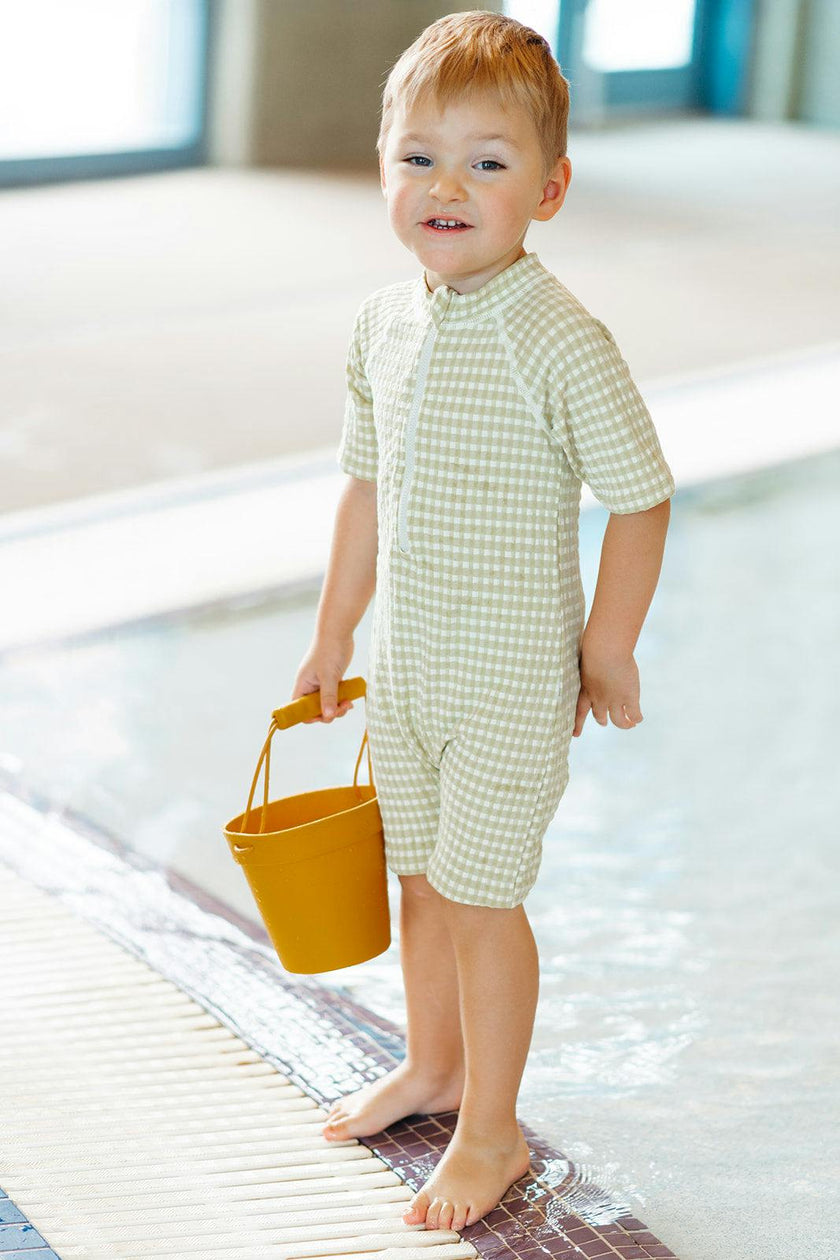 Green Gingham Zipper Shortall Swimsuit