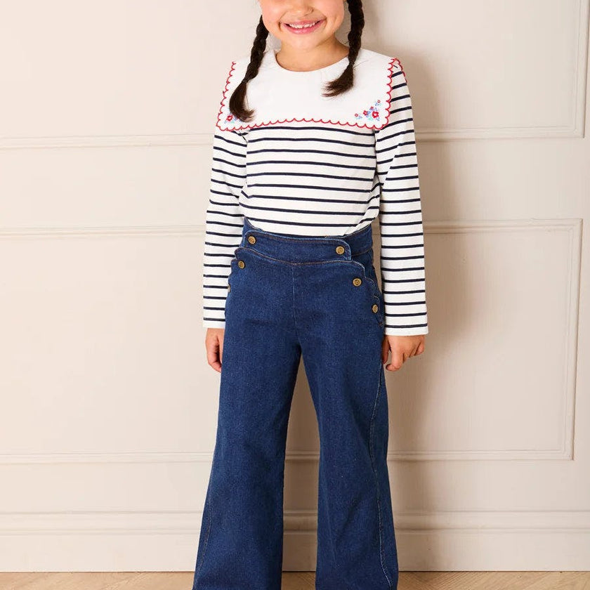 Sailor Stripe Floral Embroidered Mariner Collar Top in White (2-12yrs)