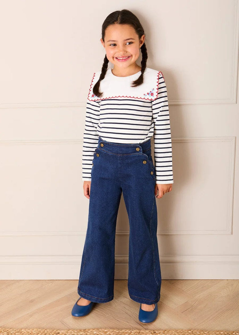 Sailor Stripe Floral Embroidered Mariner Collar Top in White (2-12yrs)