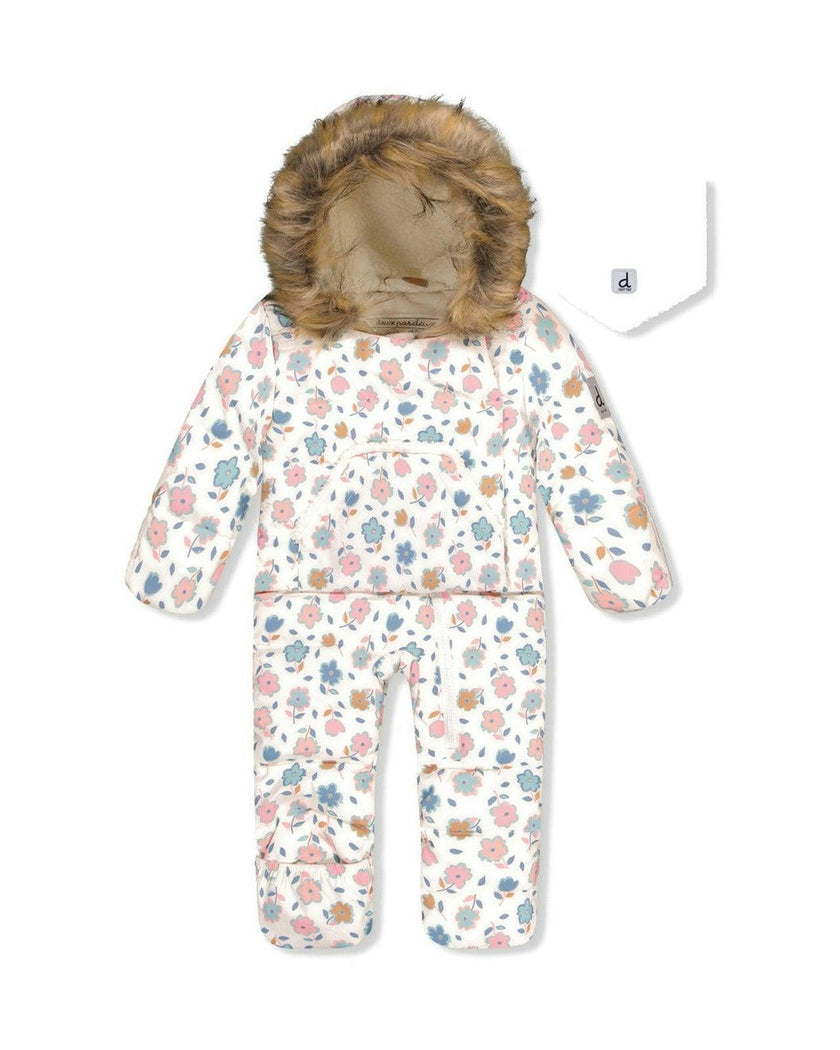 Baby Snug One Piece Snowsuit Adapted For Car Seats White With Floral Print