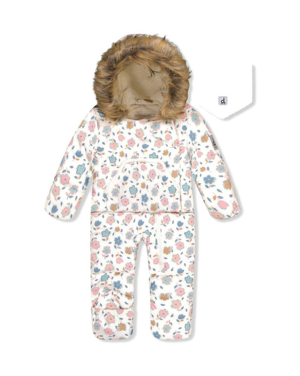 Baby Snug One Piece Snowsuit Adapted For Car Seats White With Floral Print