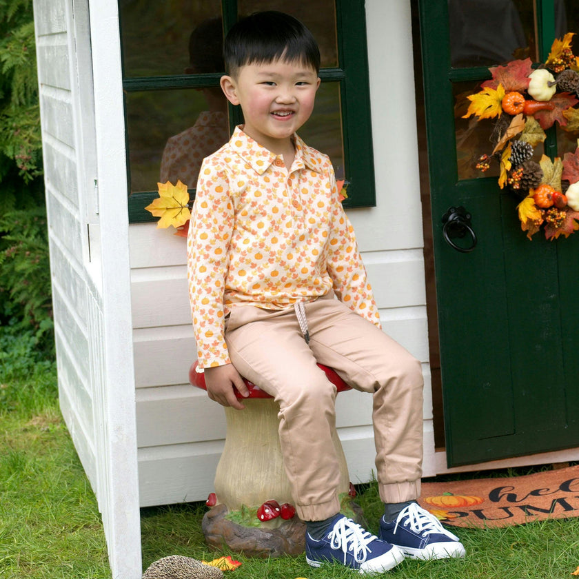 Pumpkin Print Check Long Sleeve Polo Shirt