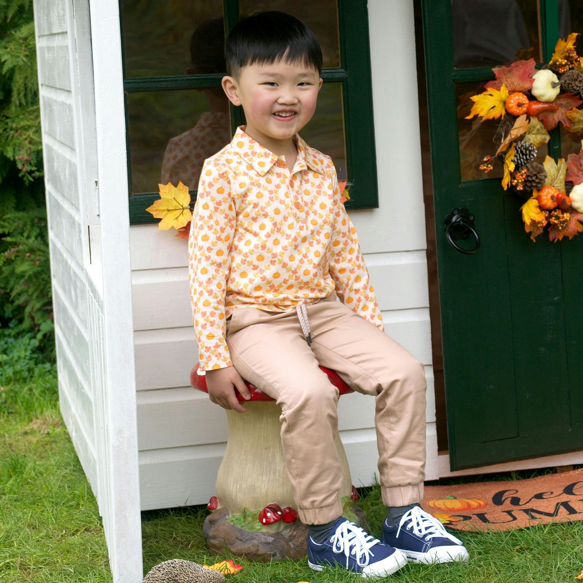 Pumpkin Print Check Long Sleeve Polo Shirt