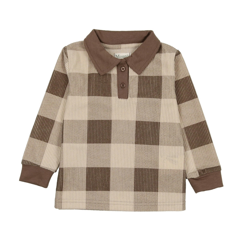 Corduroy Plaid Panel Long Sleeve Polo Shirt
