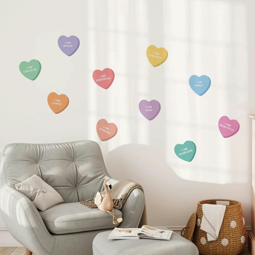 Peel & Stick Fabric Wall Stickers - Affirmation Candy Hearts Brights