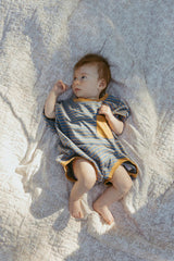 Cory Pocket Romper in Thin Stone Blue Mustard Stripe