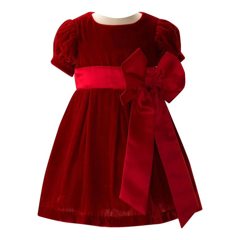 Baby Crushed Velvet Bow Ribbon Tie Short Puff Sleeve Dress