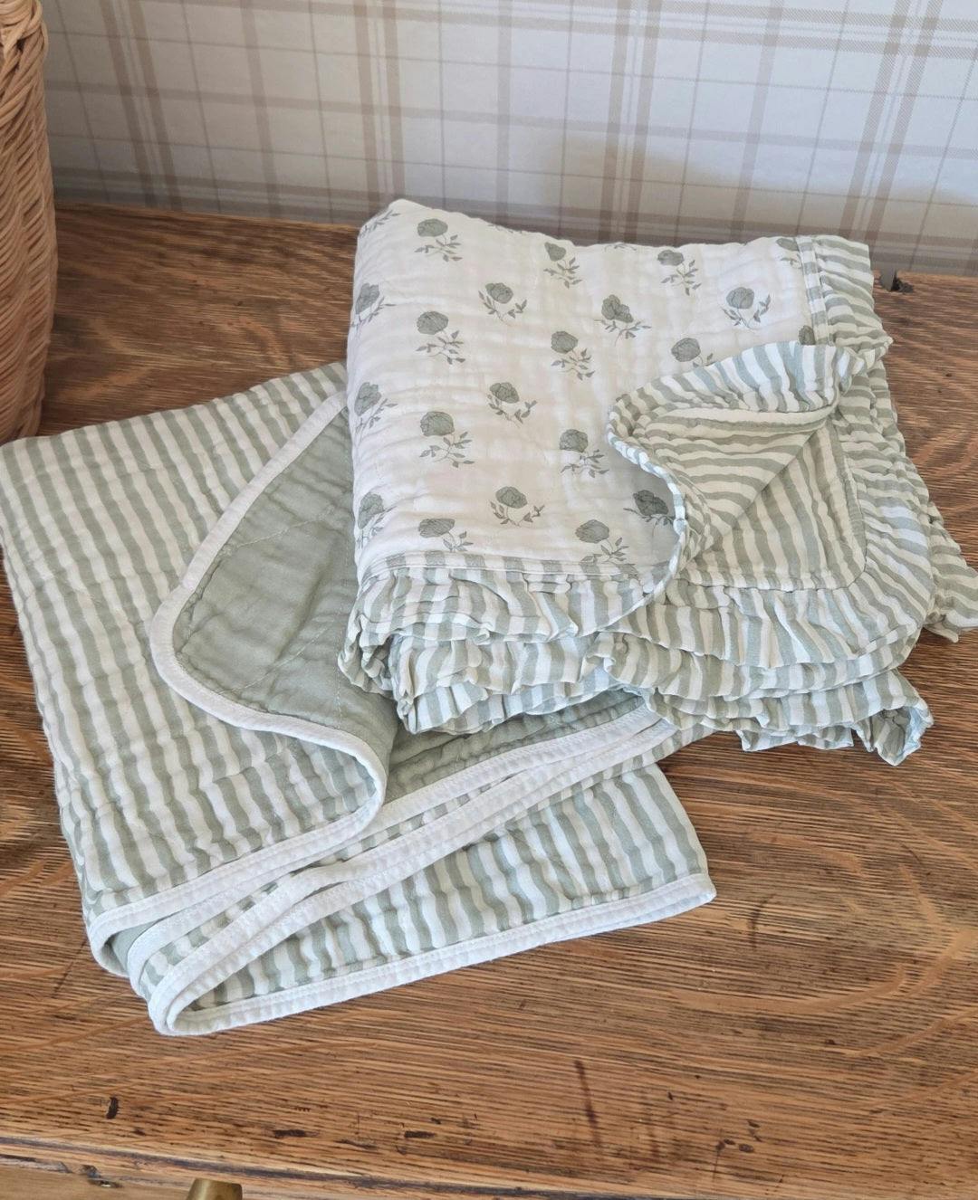 Ellis Green Stripe QUILTED 6 Layer Gauze Blanket
