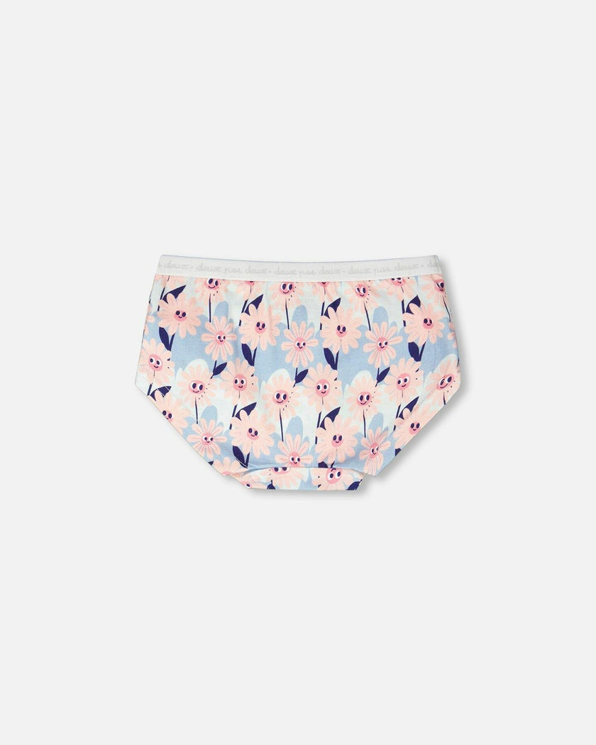 Organic Cotton Boyshort Panty Blue Smiling Flower Print
