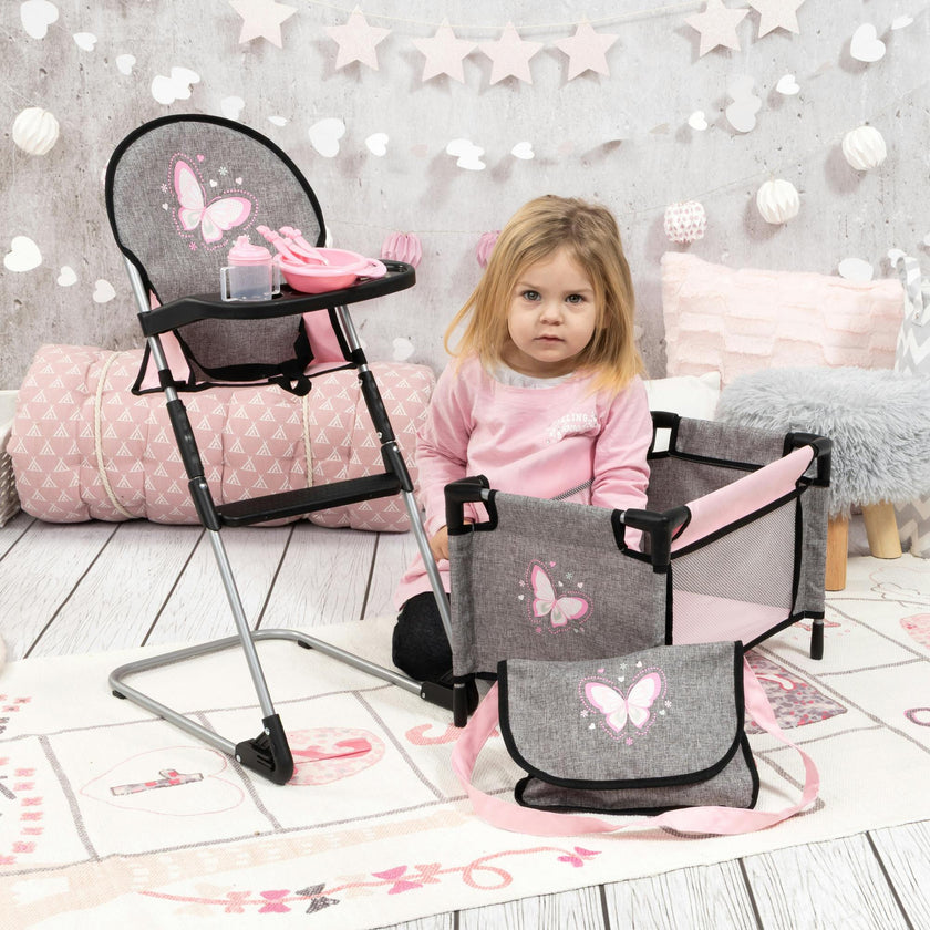 Bayer Design Dolls: 9-In-1 Travel Bed Set - Grey, Pink, Butterfly
