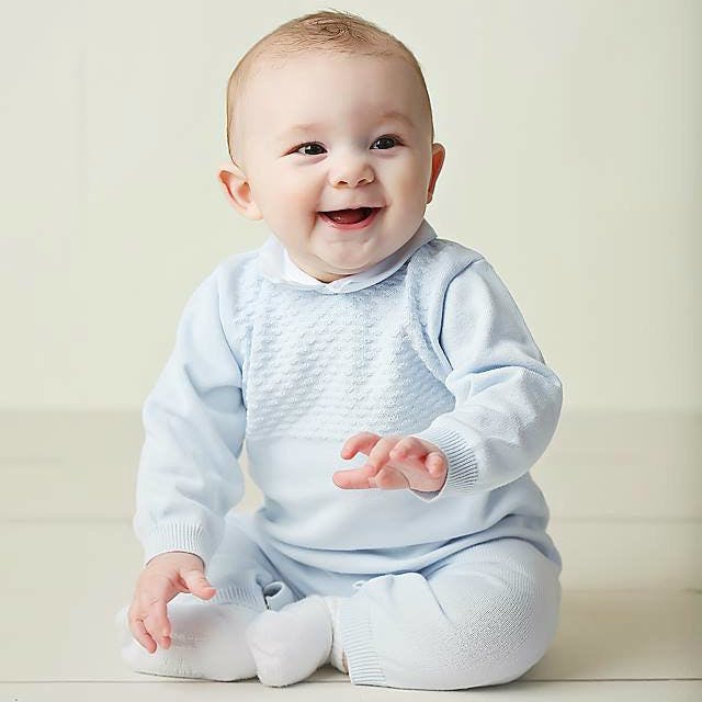 Boys Pique Collar Diamond Knit Longall & Hat Blue