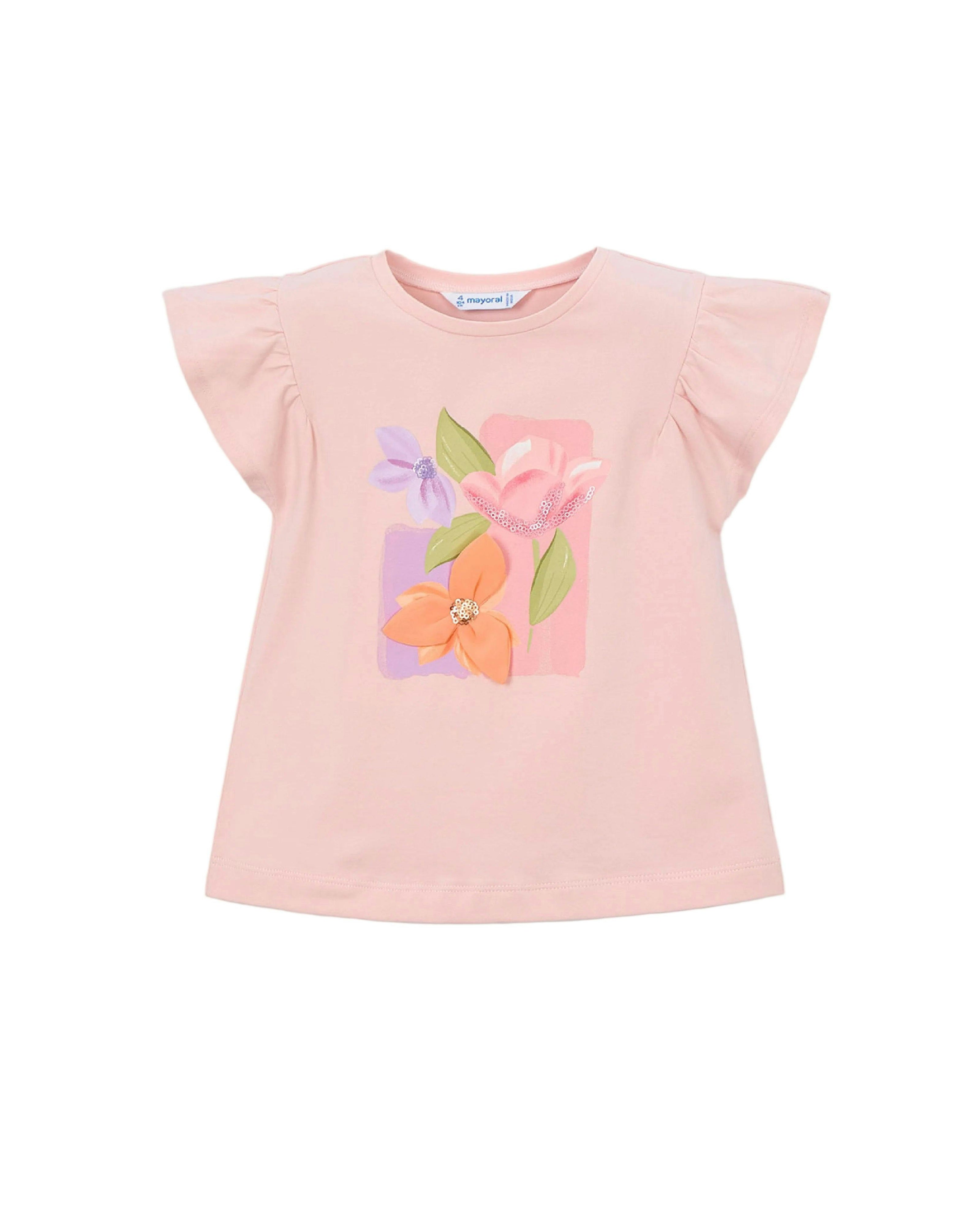 Pink T-Shirt With Ruffled Sleeves