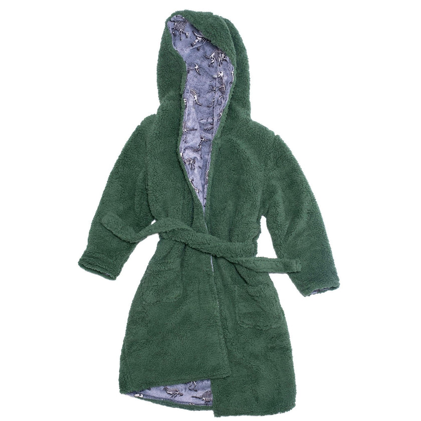 Cozy Switch Robe – Reversible Glow-in-the-Dark & Sherpa Robe for Kids, Green Dino Bones