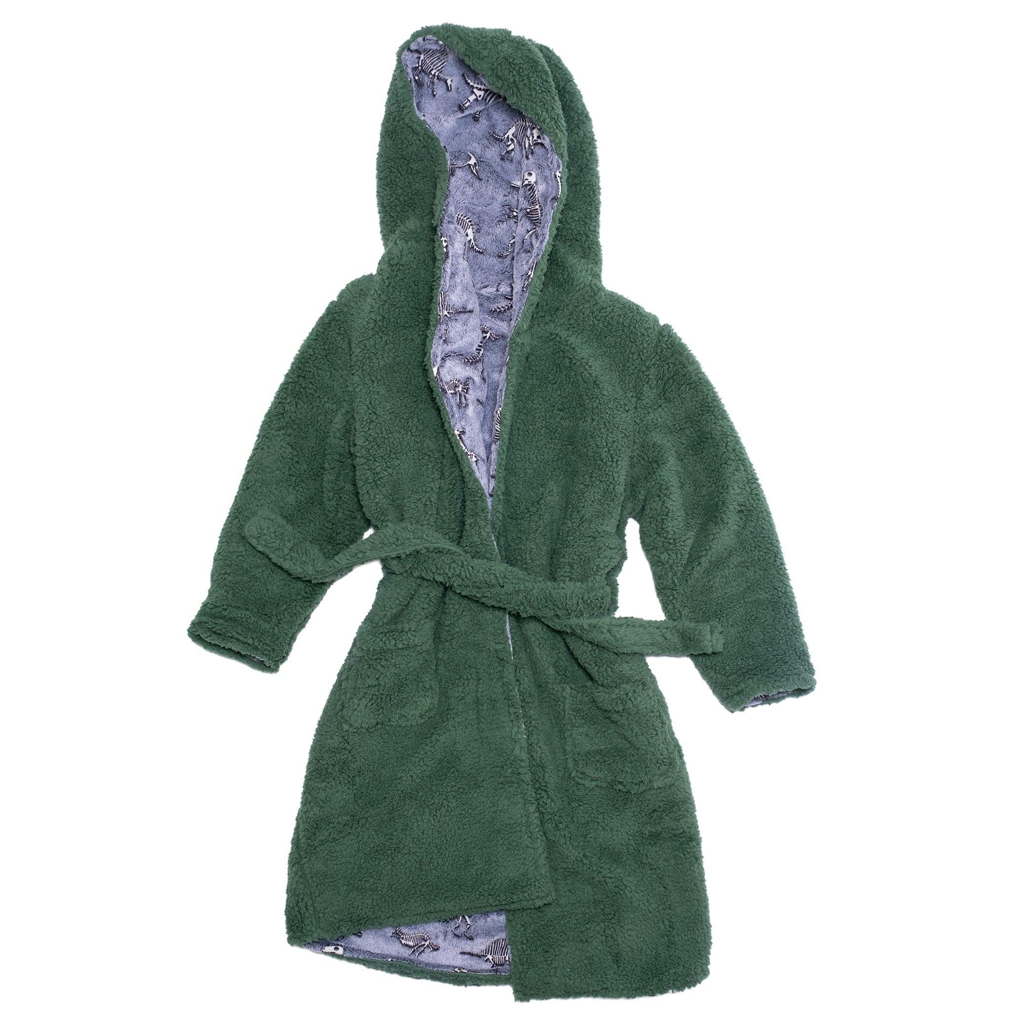 Cozy Switch Robe – Reversible Glow-in-the-Dark & Sherpa Robe for Kids, Green Dino Bones