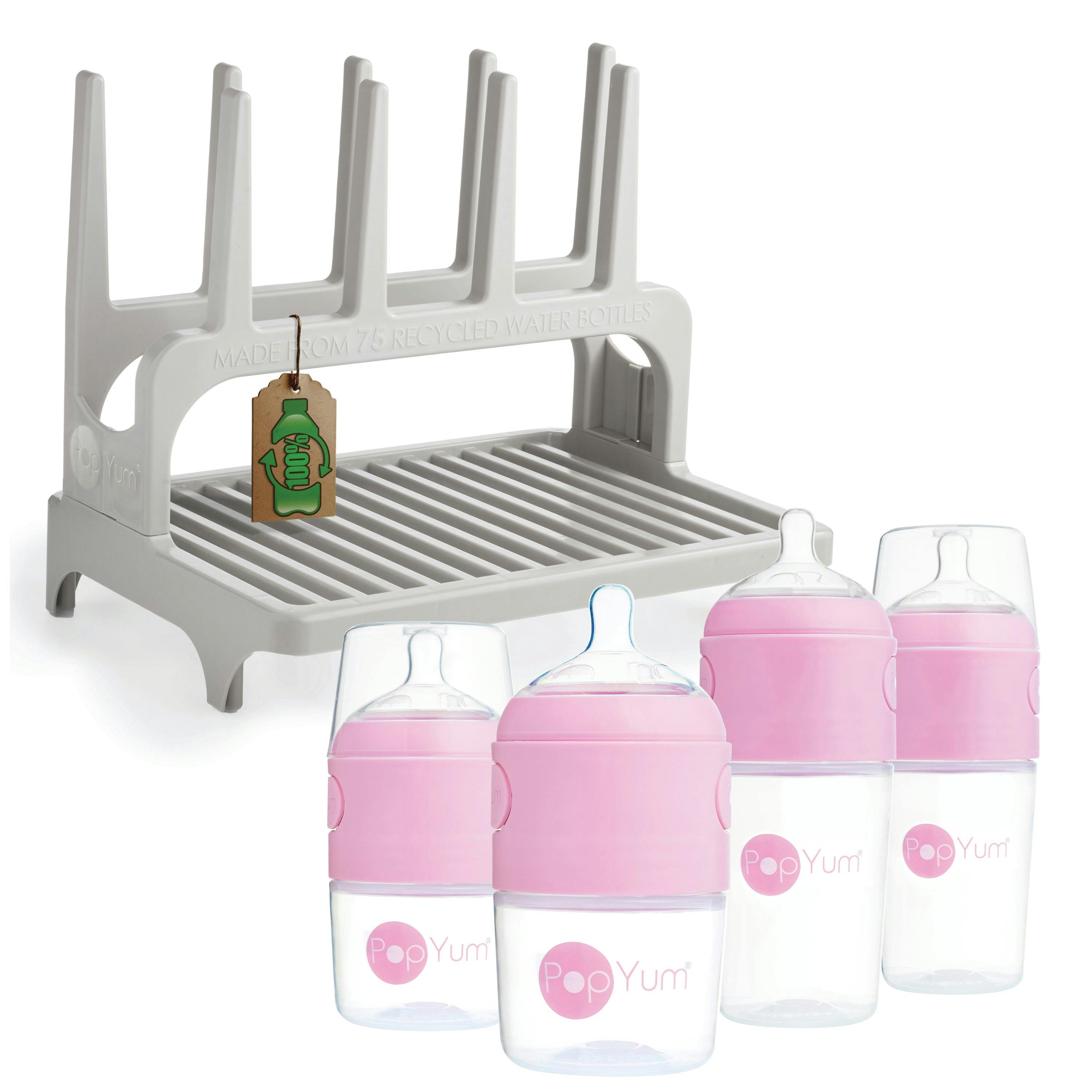 PopYum Pink Baby Bottle Set 4-Pack with Gray Drying Rack & Clear Drying Mat Bundle
