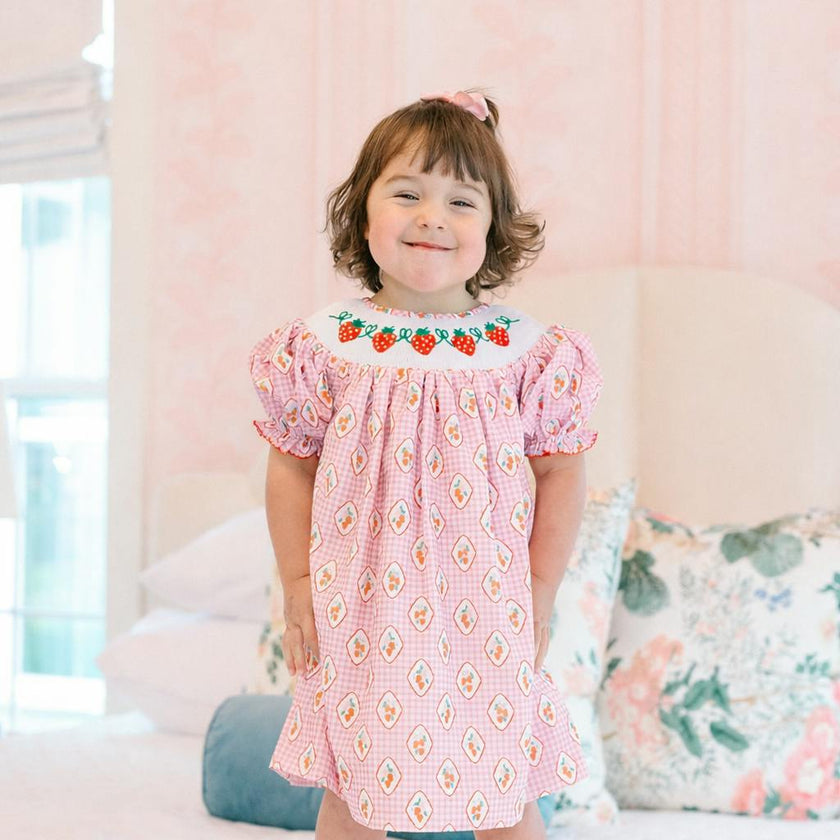 Checkered Strawberry Smocked Dress