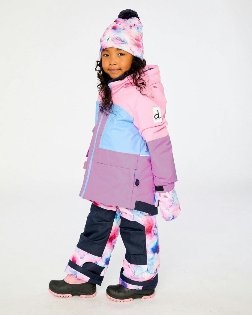 Two Piece Play Snowsuit Pink And Purple Colorblock With Watercolor Floral Print Pants