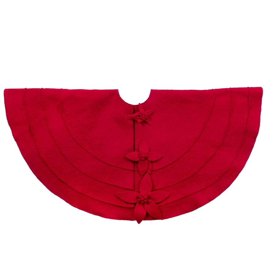 Red Poinsettia Buttons Christmas Tree Skirt Hand Felted Wool - 60"