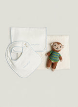 Baby Gift Set: Ivory Wonder Blanket, Love Language Bib and Burp Cloth and Marlow the Monkey Knit Doll