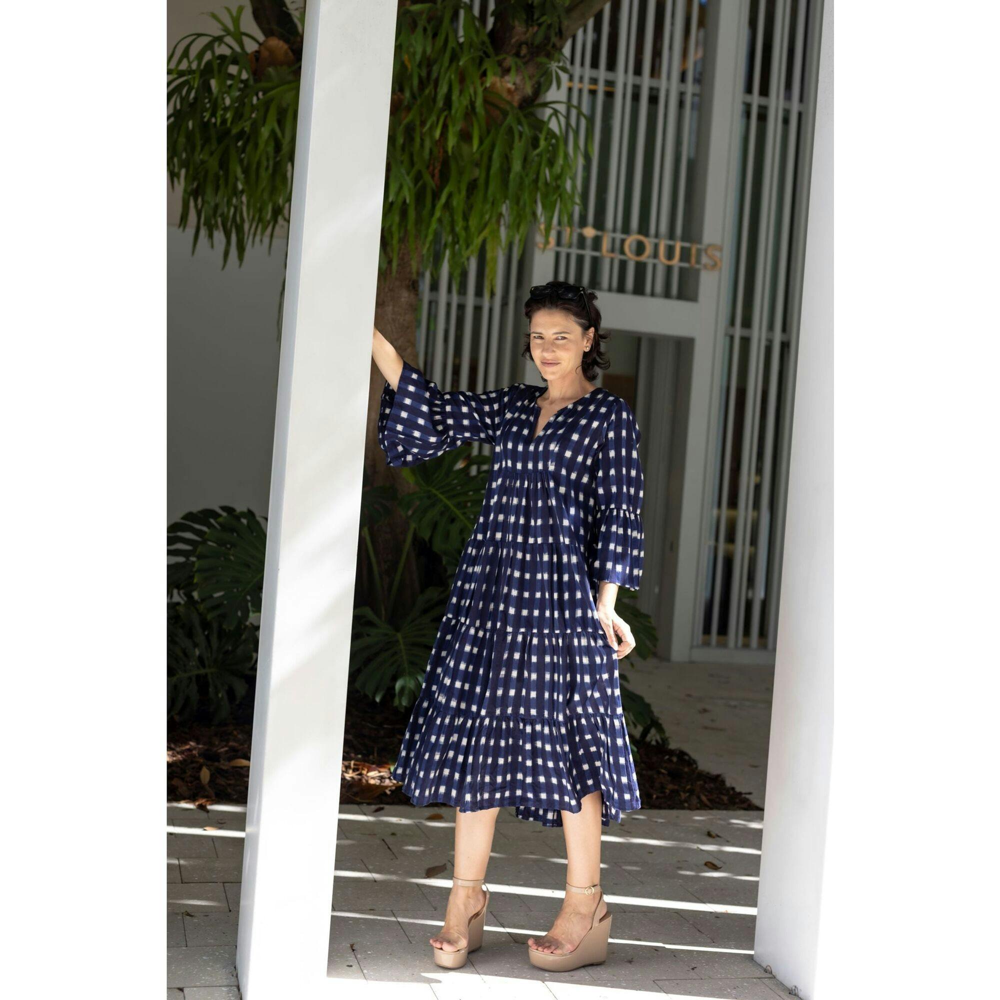 Women's Suri Bell Sleeve Tiered Skirt Maxi Dress, Navy