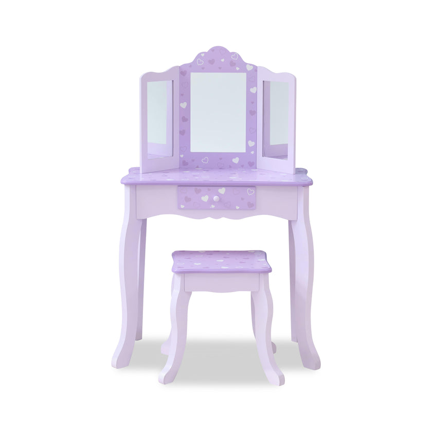 Hearts Gisele Wood Vanity with Tri-Fold Mirror & Drawer, Purple