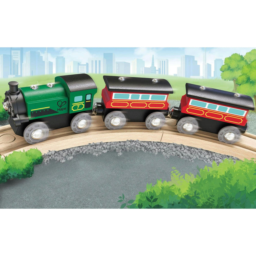 Hape: Steam-Era Passenger Train&nbsp;- Green & Red - 3pc Wooden Locomotive Toy