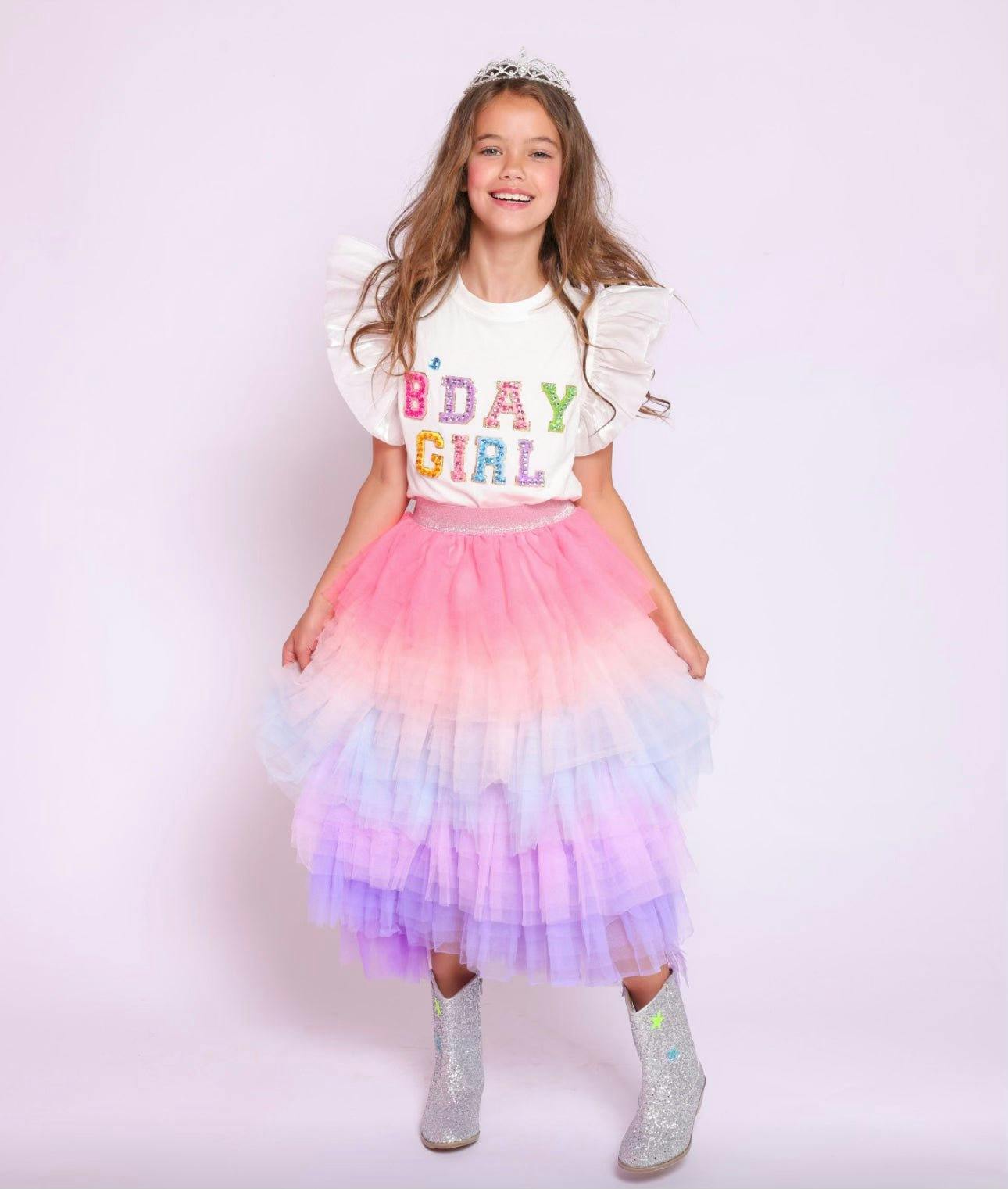 Birthday Girl Gem Ruffle Sleeve Shirt