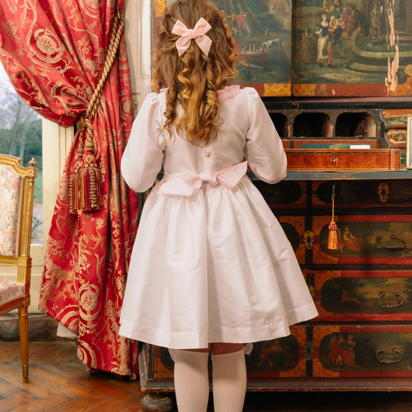 Sofia White Taffeta Long Sleeve Smocked Dress