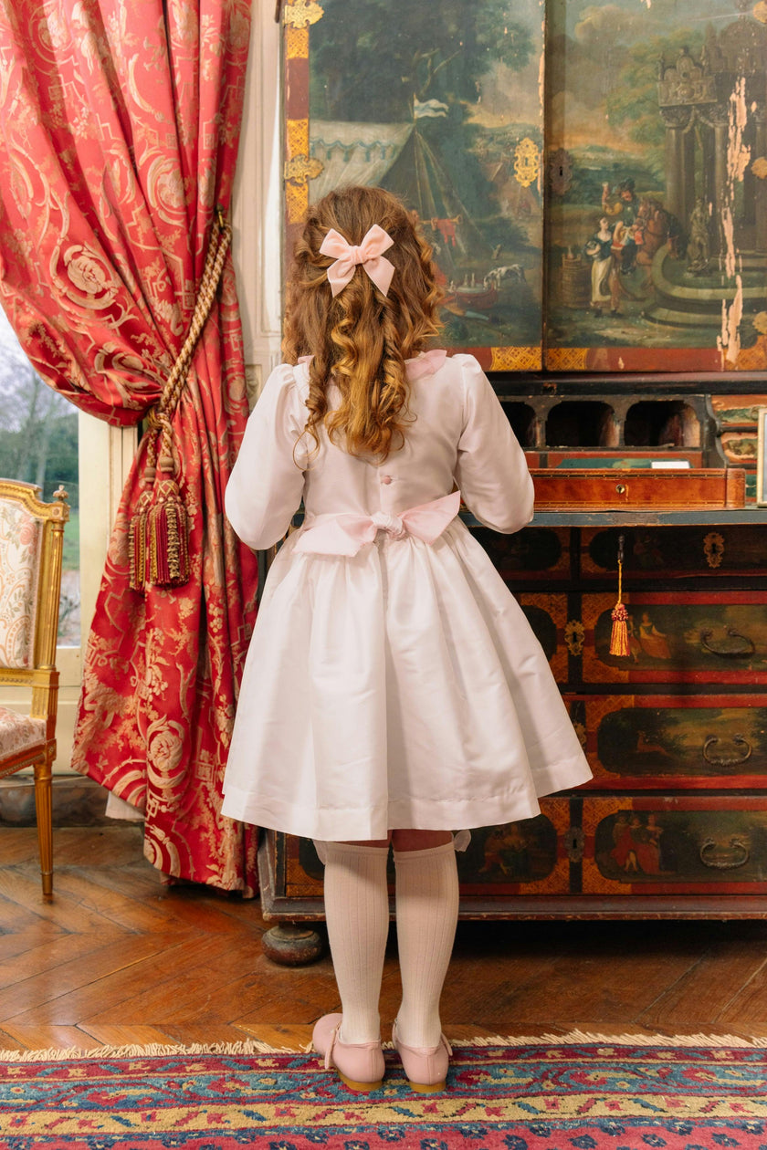 Sofia White Taffeta Long Sleeve Smocked Dress