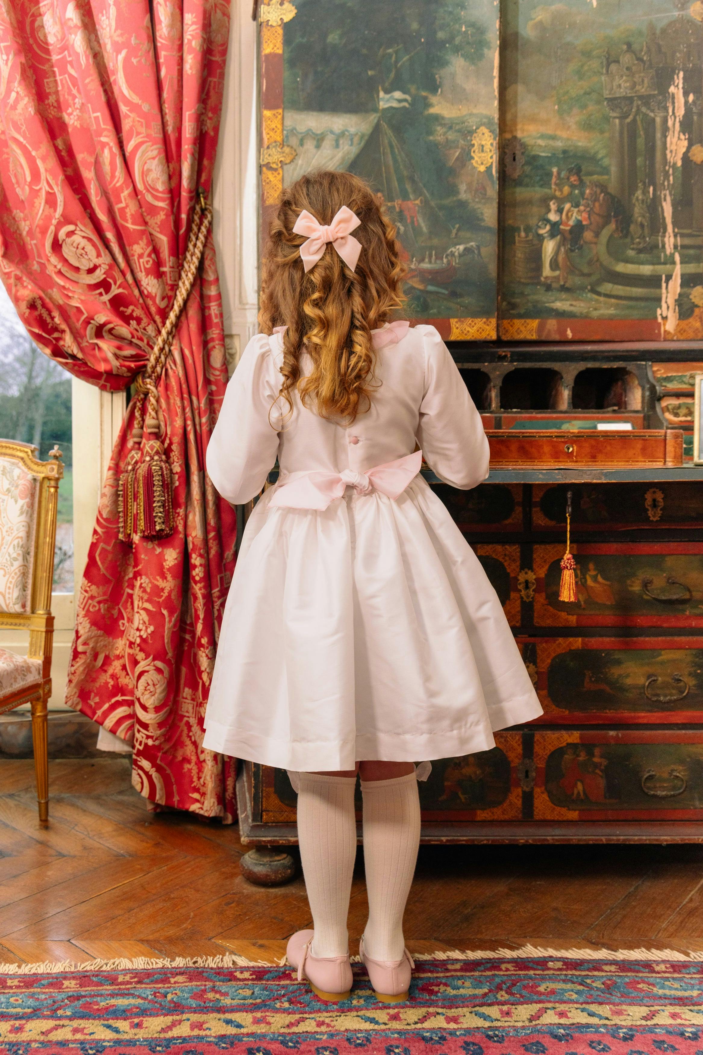 Sofia White Taffeta Long Sleeve Smocked Dress