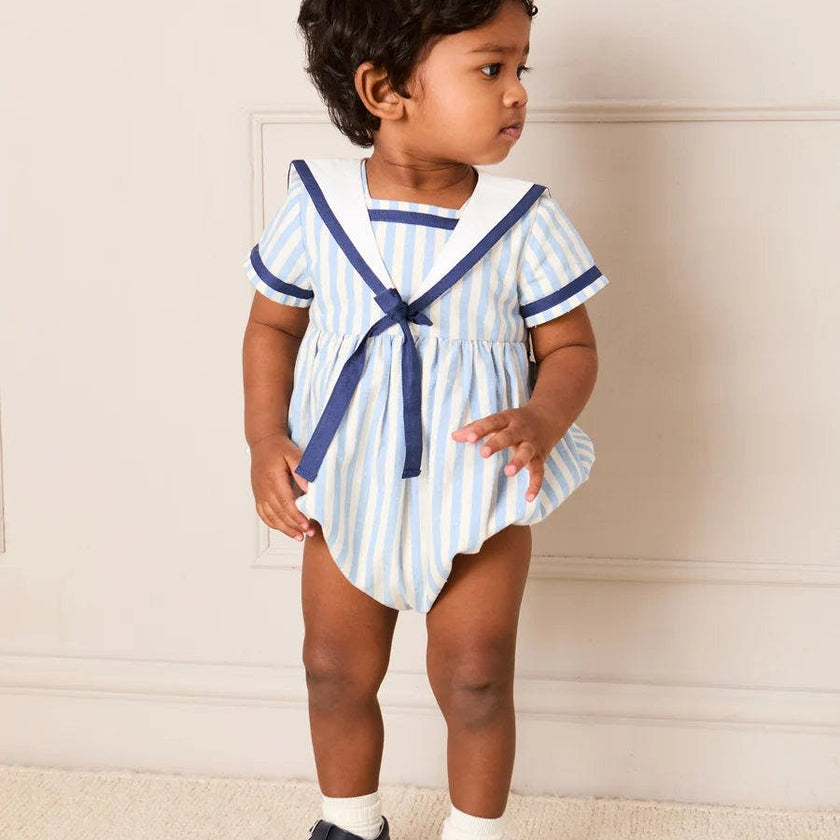 Regency Stripe Mariner Collar Bow Detail Romper in Blue (6mths-2yrs)