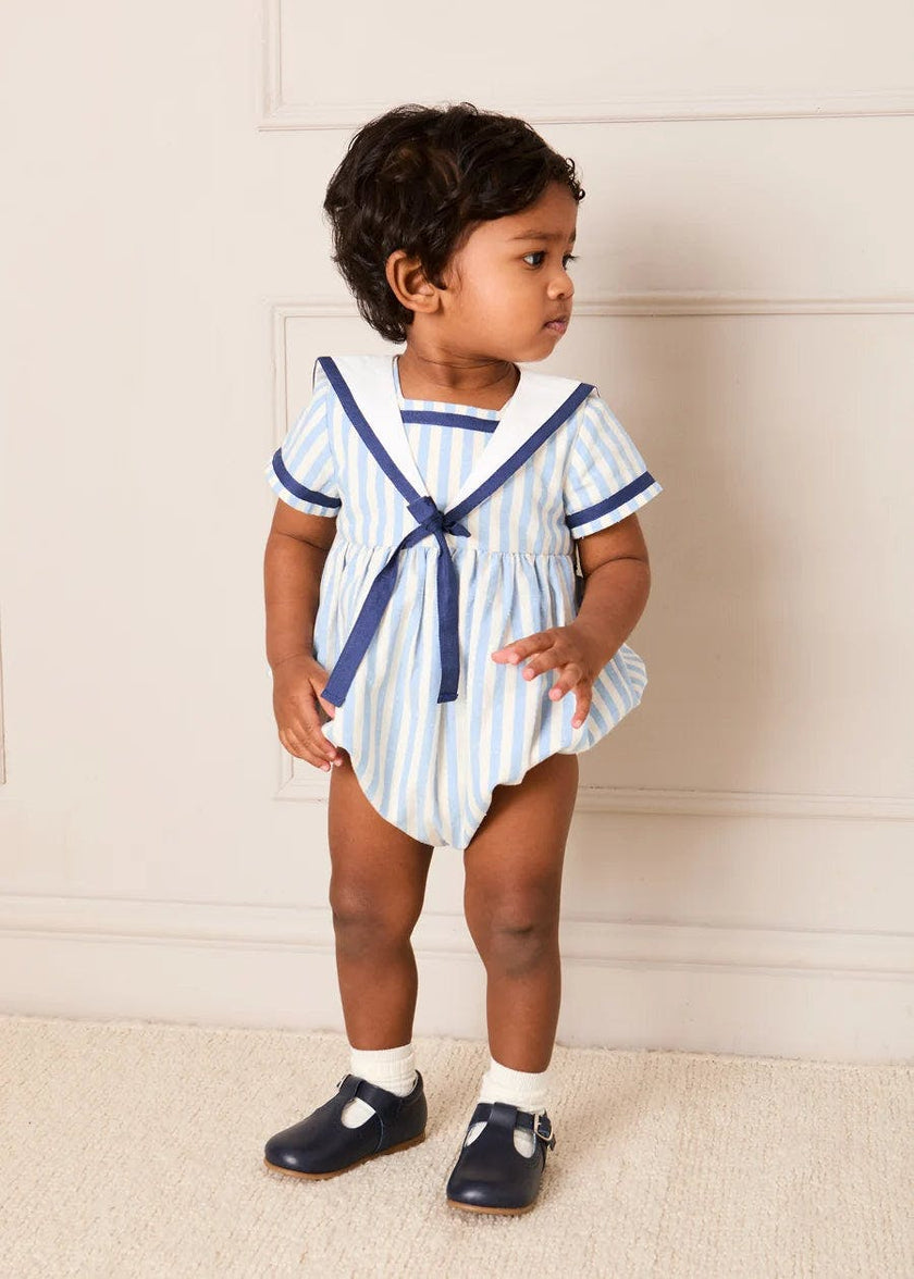 Regency Stripe Mariner Collar Bow Detail Romper in Blue (6mths-2yrs)