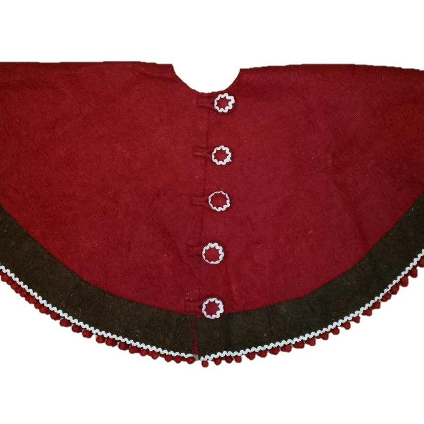Handmade Wool Felt Red Christmas Tree Skirt with Brown Border and Pom Pom Edge Arcadia Home 60”
