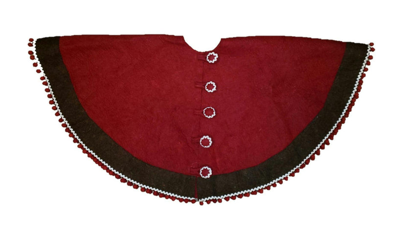 Handmade Wool Felt Red Christmas Tree Skirt with Brown Border and Pom Pom Edge  60"