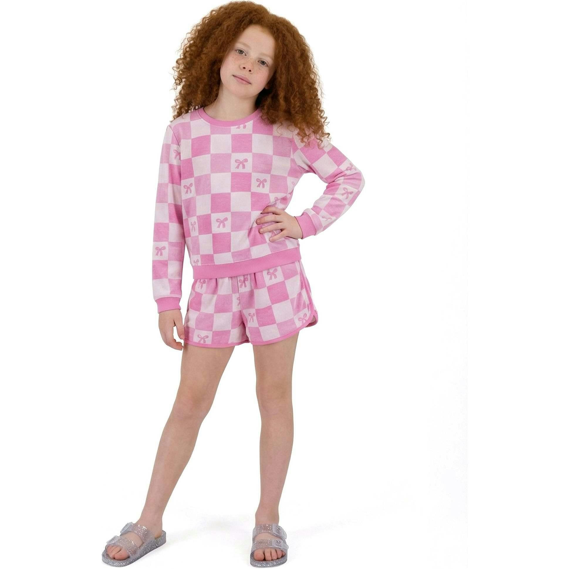 Tween Girls Terry Pull-Over & Short Set | Checkered Bow
