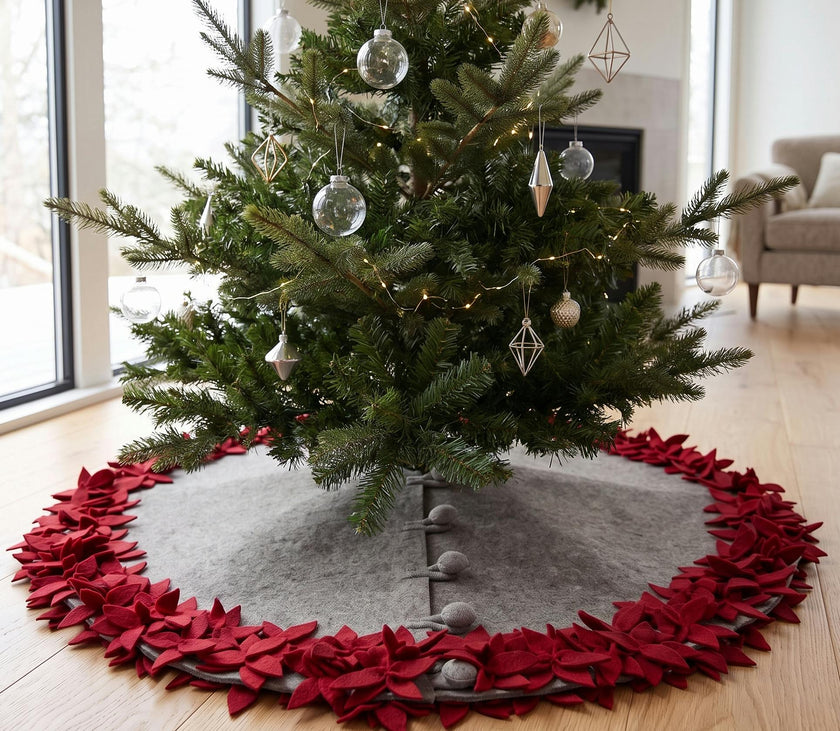 Handmade Overlapping Flowers Christmas Tree Skirt - Natural Red-64"