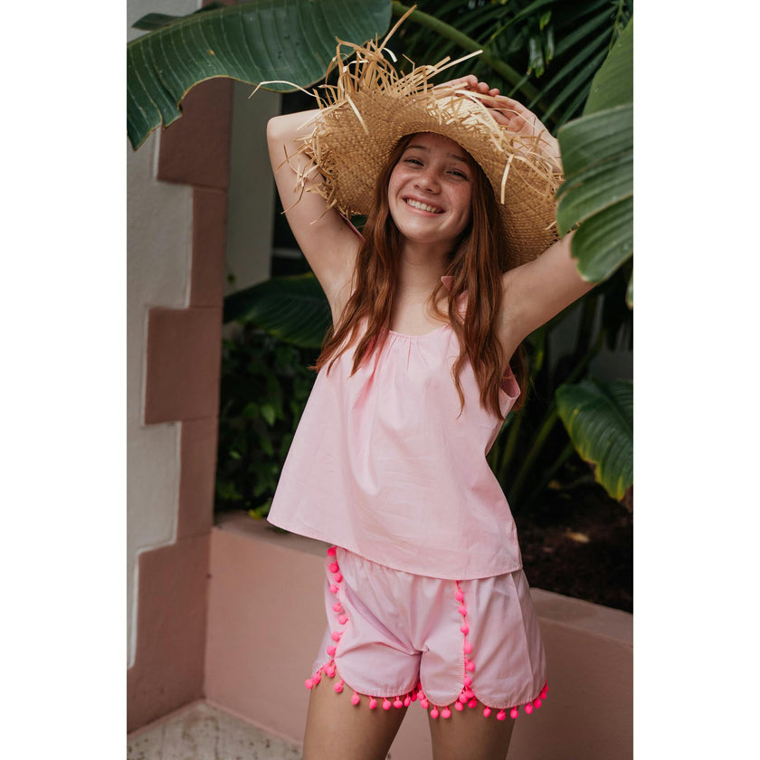 Chiara Set Cotton Two Piece Top and Pants with Pompom Pink