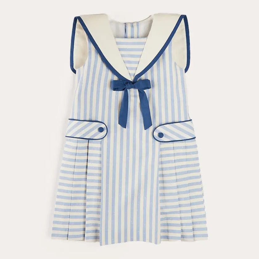Regency Striped Mariner Collar Pleated Sleeveless Dress in Blue (12mths-10yrs)