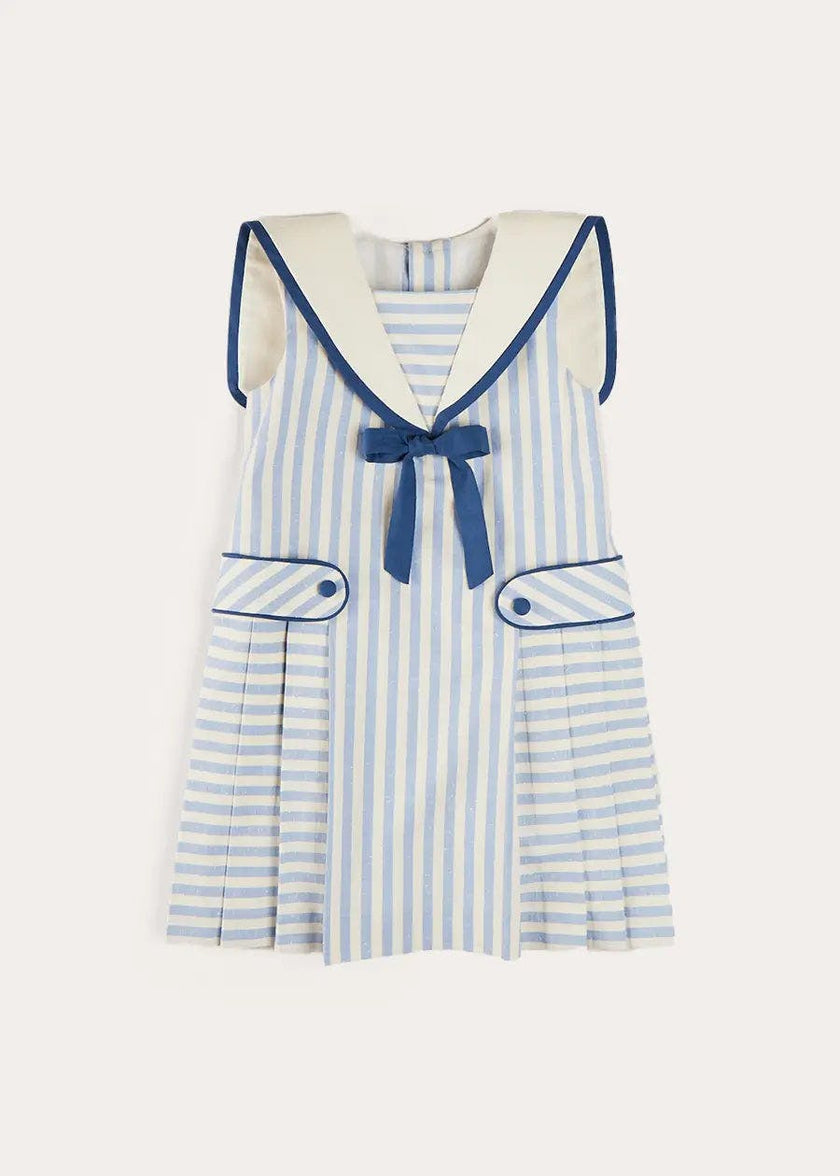 Regency Striped Mariner Collar Pleated Sleeveless Dress in Blue (12mths-10yrs)