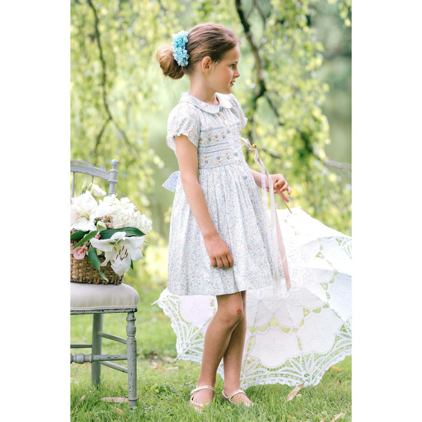 Violette Floral Blue Short Puff Smocked Dress
