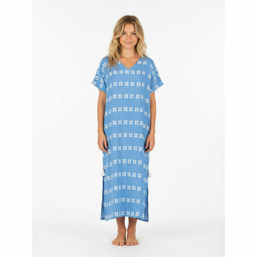 Capucine Maxi Womens Caftan Sky White Embroidery, Sky Blue