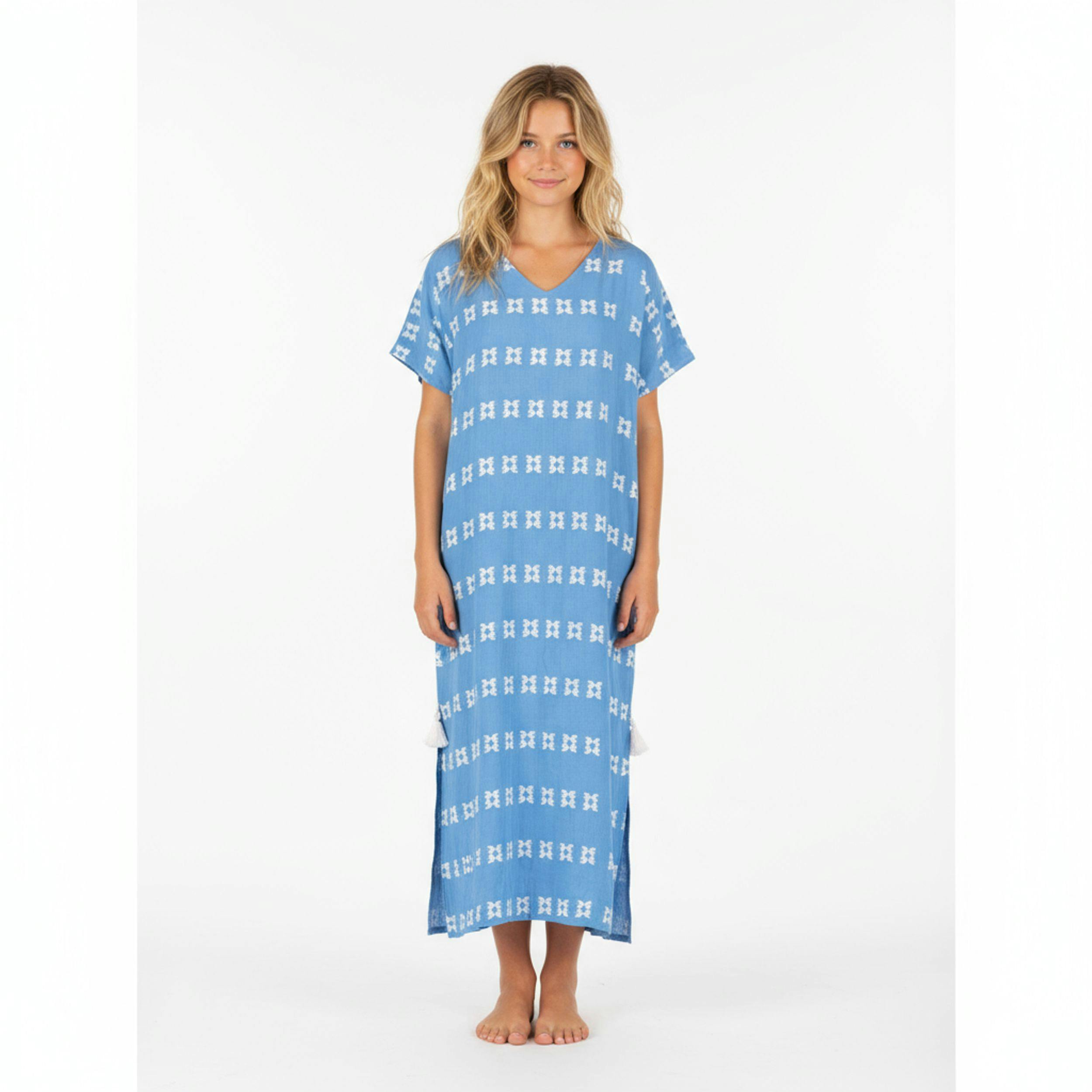 Capucine Maxi Womens Caftan Sky White Embroidery, Sky Blue