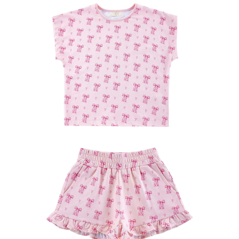 Lightweight French Terry Ruffle Shorts Lounge Set, Lovely Bows